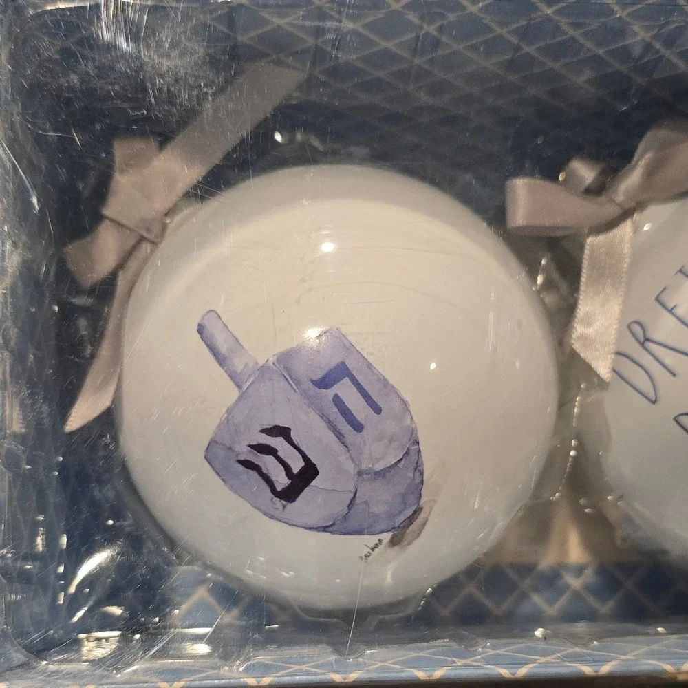 Rae Dunn Set of 2‎ Happy Hanukkah Glass Ornaments Dreidel Set